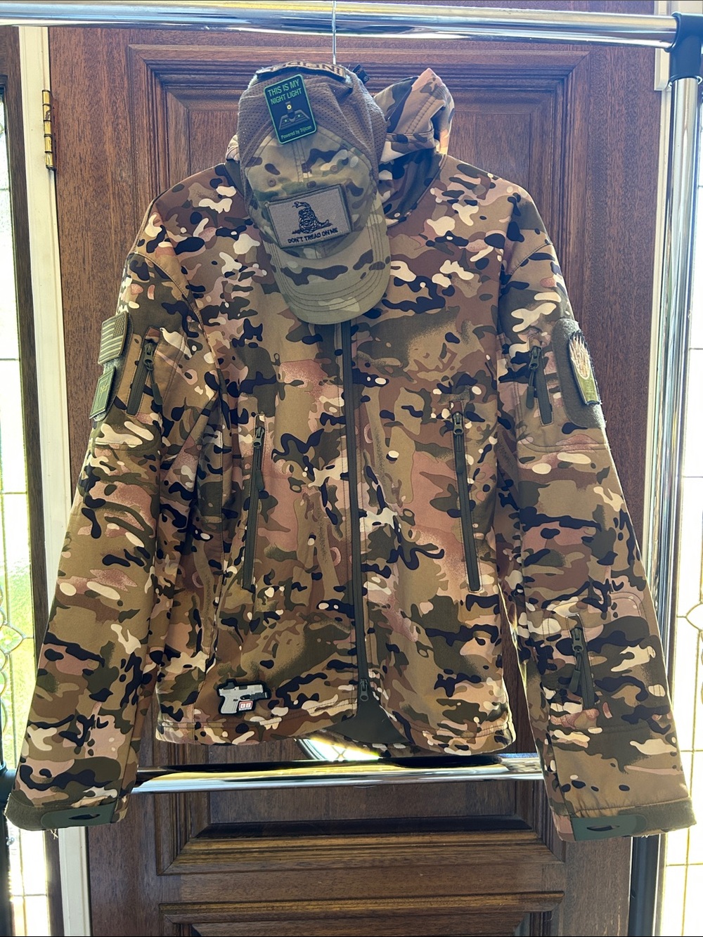 Green Multicam Camouflage Softshell Jacket Condor Hat Velcro Patch Match Set XL